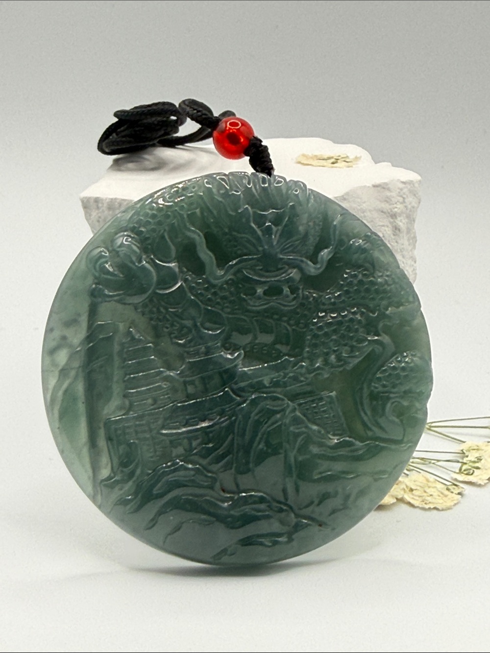 Green Jade Dragon Carved Pendant Necklace